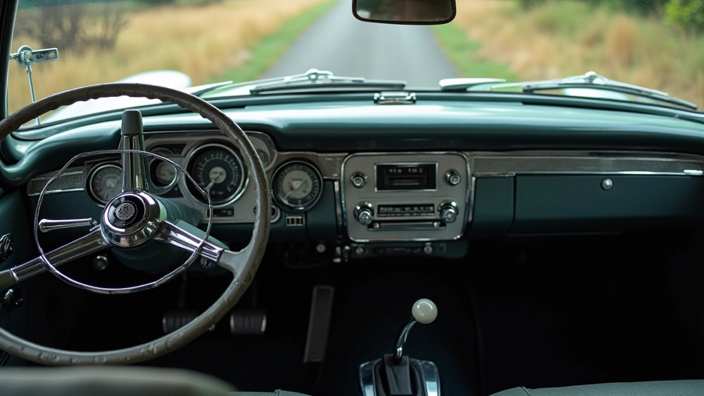 Vintage dashboard no 1960. gada ar mehāniskiem instrumentiem un pamatfunkcionālu dizainu