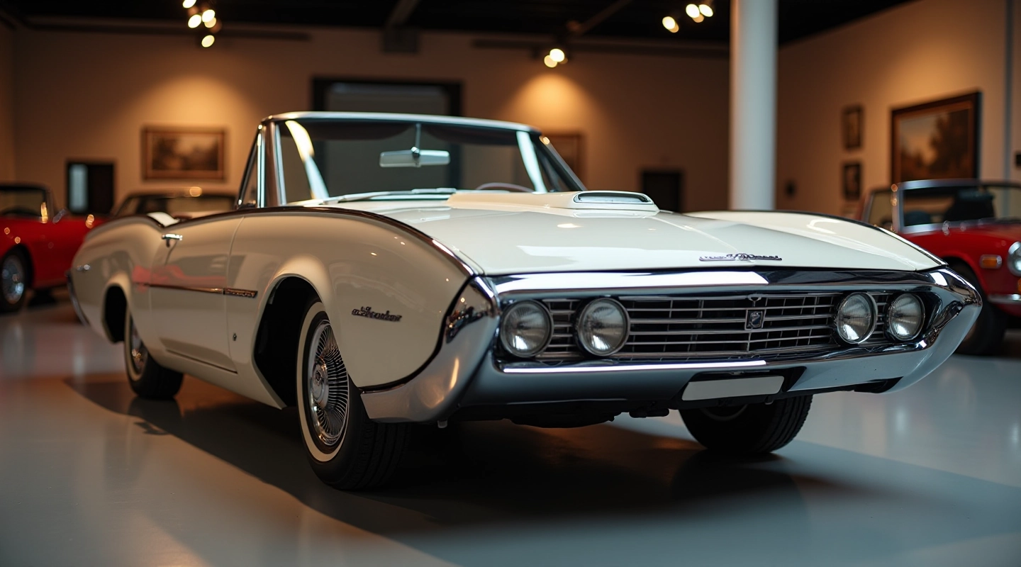 Klasisks 1960. gadu automobiļa profils ar ikoniskajiem dizaina elementiem