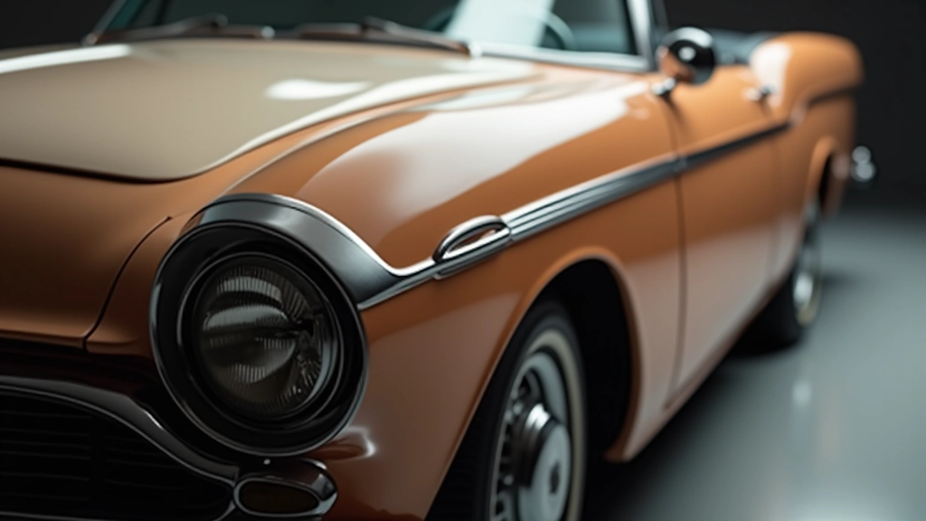 Detalizēts skats uz 1960. gadu automobiļa kultiņu līniju un aerodinamiskajām formām