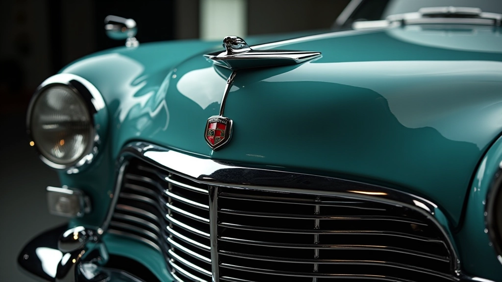 Detalizēts skats uz klasiskā 1960. gadu automobiļa hromo priekšgalu ar pūpolu un grilu