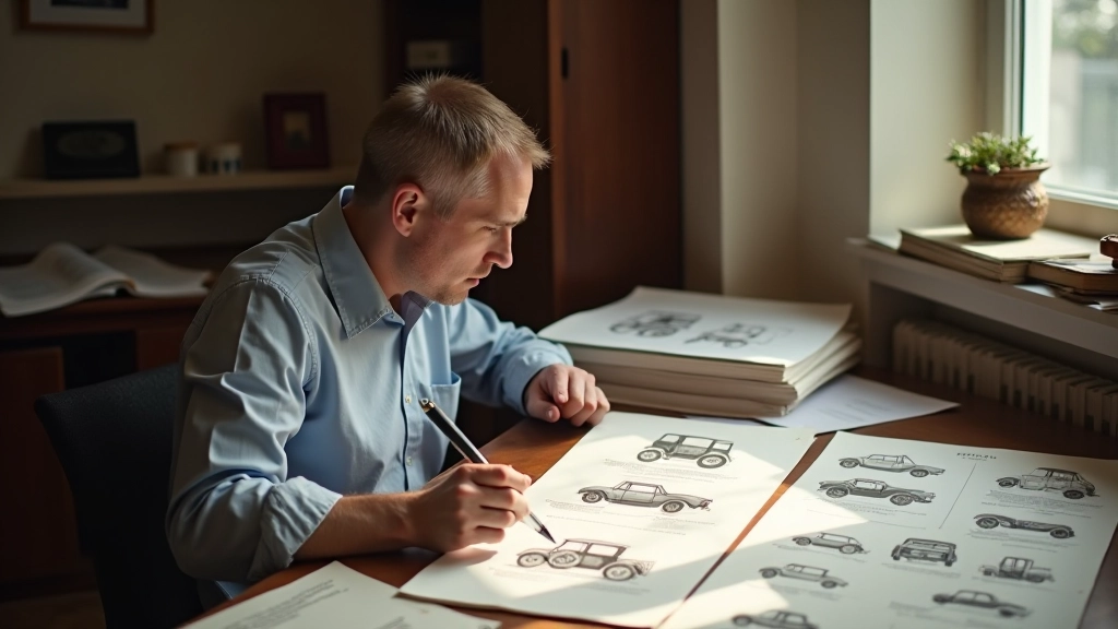 Automobiļu dizaina izpētes procesa ilustrācija ar vēsturiskiem dokumentiem un rasējumiem