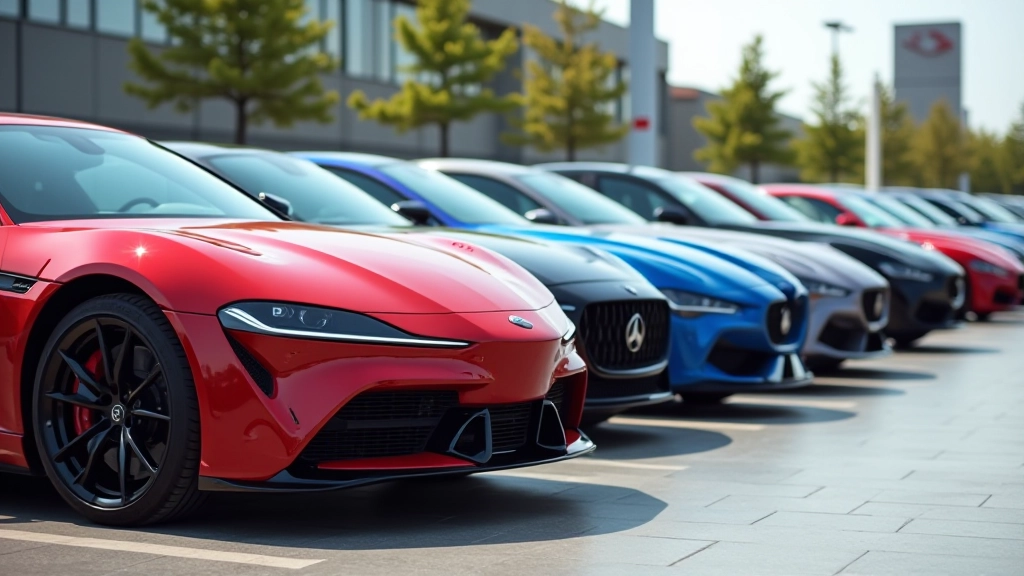 Mūsdienu automobiļi dažādās krāsās - sarkans, melns, balts, zils