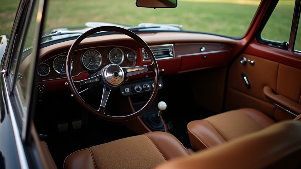 Retro automobiļa interjers ar vēsturiskajiem skaņas sistēmas elementiem un stūres dizainu