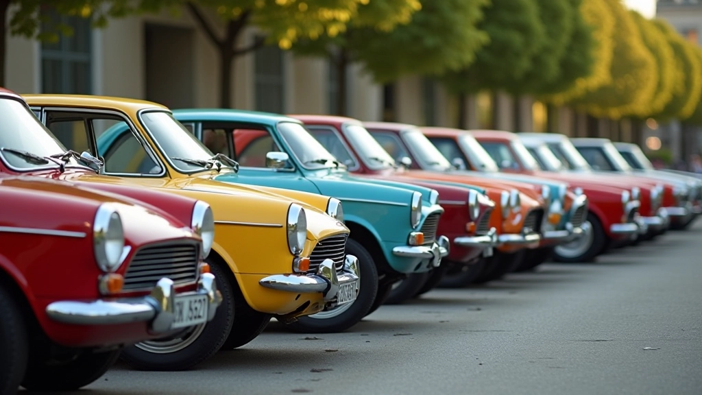 Dažādu desmitgadu automobiļu sānu skats, rādot krāsu un formas evolūciju